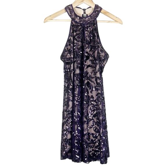 Honey and Rosie Dresses & Skirts - Honey and Rose Sequin Cocktail Mini Dress Womens S Purple Sleeveless Halter Glam